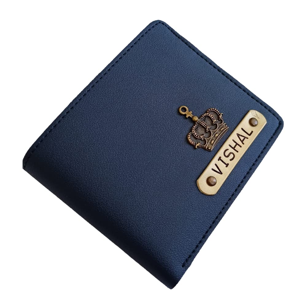 Giftorious Customised Original Leather Wallet for Men with Name, Personalized Purse (Navy Blue)