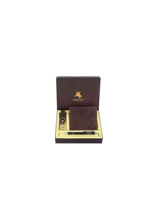 Wael Impex Jason Vintage Brown Leather Wallet, Keyring & Pen Combo Gift Set for Men | Gift Hamper for Men