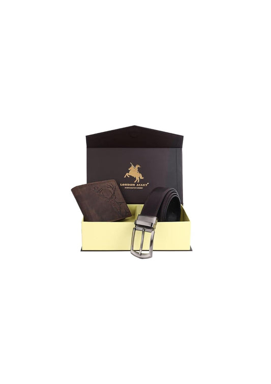 Wael Impex ELK Vintage Brown Leather Wallet & Black/Brown Reversible Belt Combo Gift Box for Men