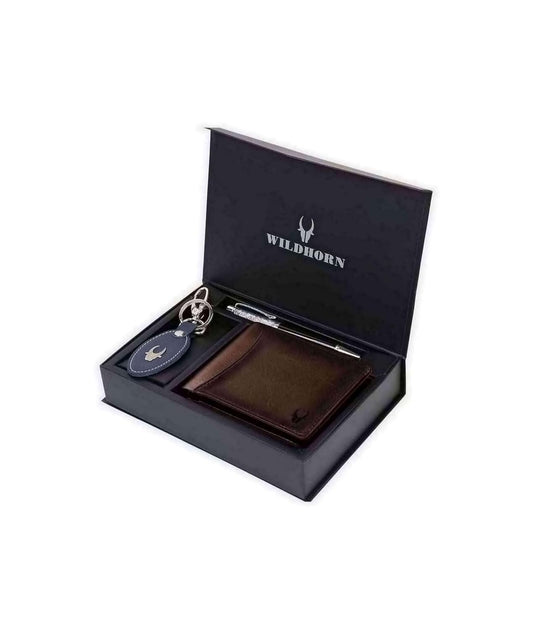 Wael Impex Leather Wallet, Keychain & Pen Combo I Gift Hamper for Men (Carob Brown)