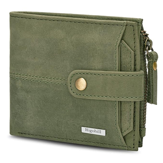 Wael Impex Doger Olive Green Leather Wallet For Men, 2 Card Slot | RFID Wallet