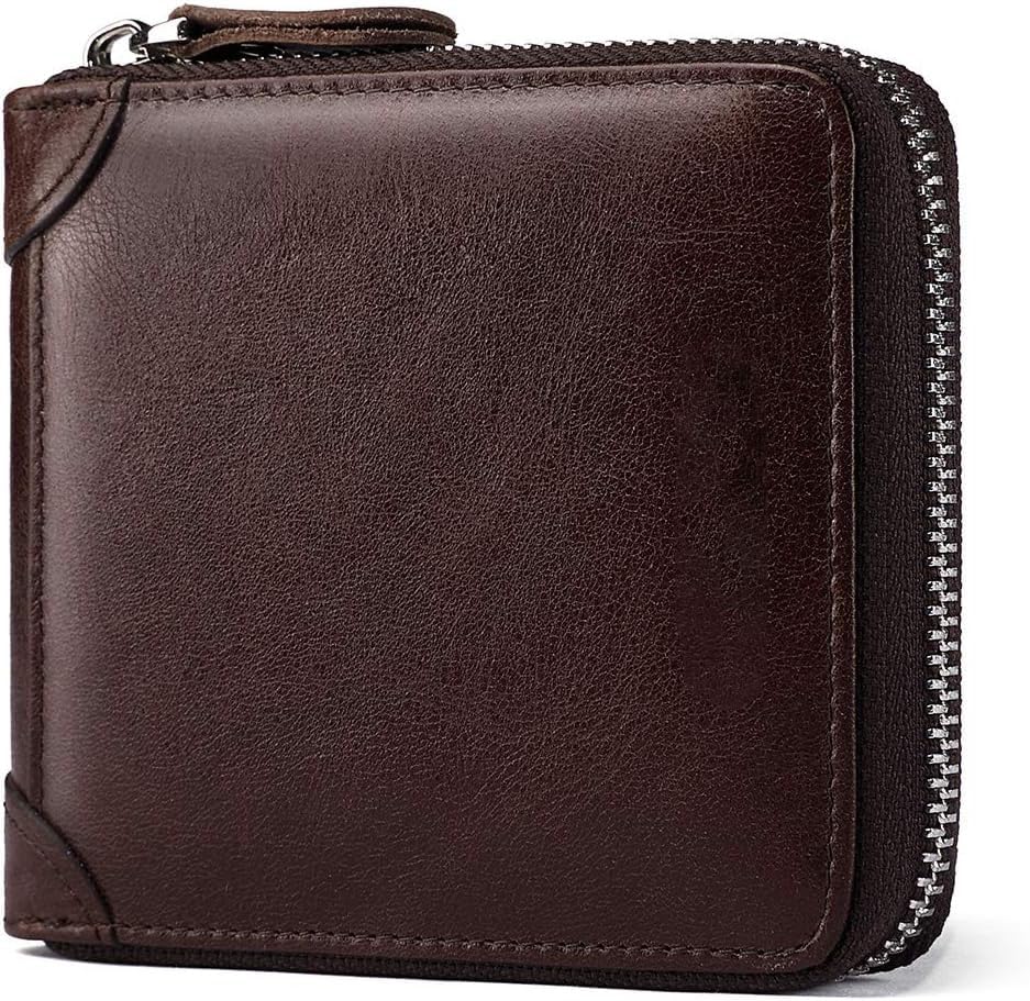Contacts Mens Genuine Leather Zipper Wallet RFID Secure Large Capacity Double Fold Multi-Card Leather Wallets for Men and Coin Purse (Brown)…