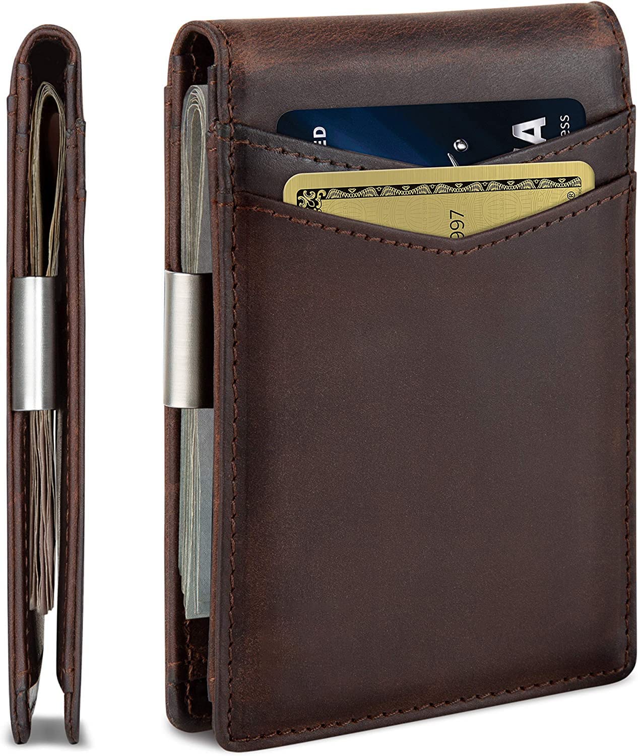 Contacts Genuine Leather Money Clip Wallet Slim Front Pocket RFID Blocking Card Holder Minimalist Mini Bifold for Men's | Up to 11 Card Slots Including 1 ID Window & 1 Bill Compartment (Brown)