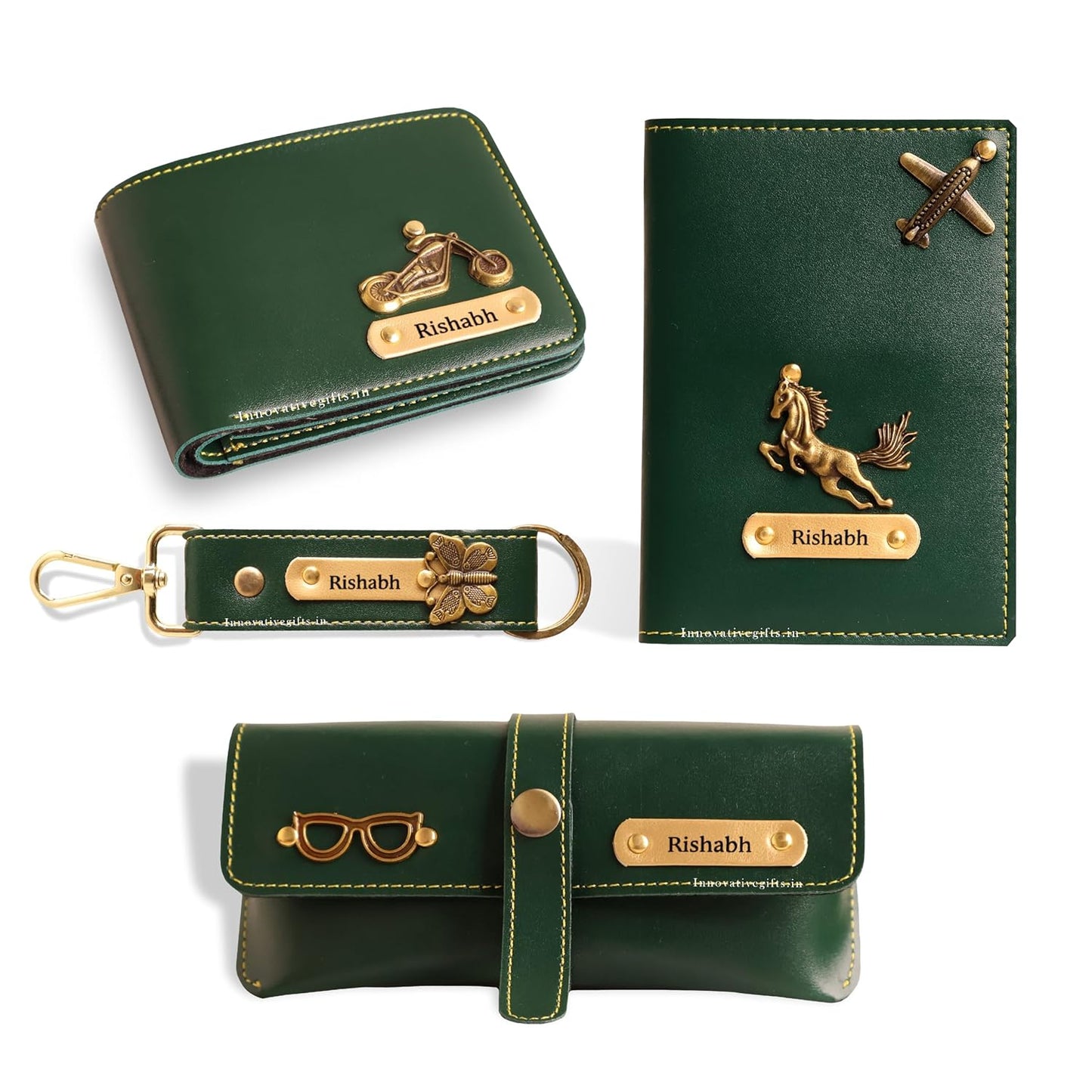 Wael Impex Men's Customized Leather Gift Combo Set I Personalized Wallet, Keychain, Sunglass & Passport Cover with Name & Charm I for Boyfriend Men Husband Birthday Anniversary Wedding (Olive)