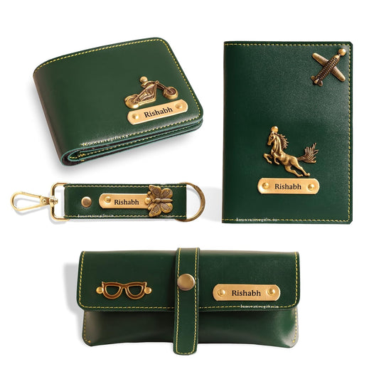 Wael Impex Men's Customized Leather Gift Combo Set I Personalized Wallet, Keychain, Sunglass & Passport Cover with Name & Charm I for Boyfriend Men Husband Birthday Anniversary Wedding (Olive)