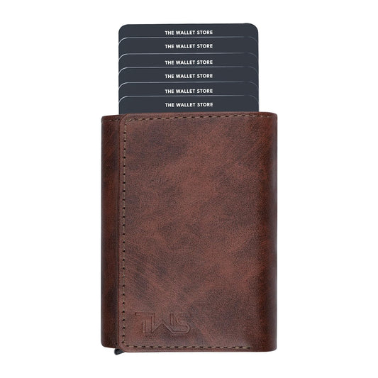 The Wallet Store Maverick RFID Protected Vegan Leather Wallet Cardholder | Pop-up Cardholder | Scan Proof Wallets for Men | Aluminium Case | Up to 8 Cards | Credit & Debit Cardholder (Brown)